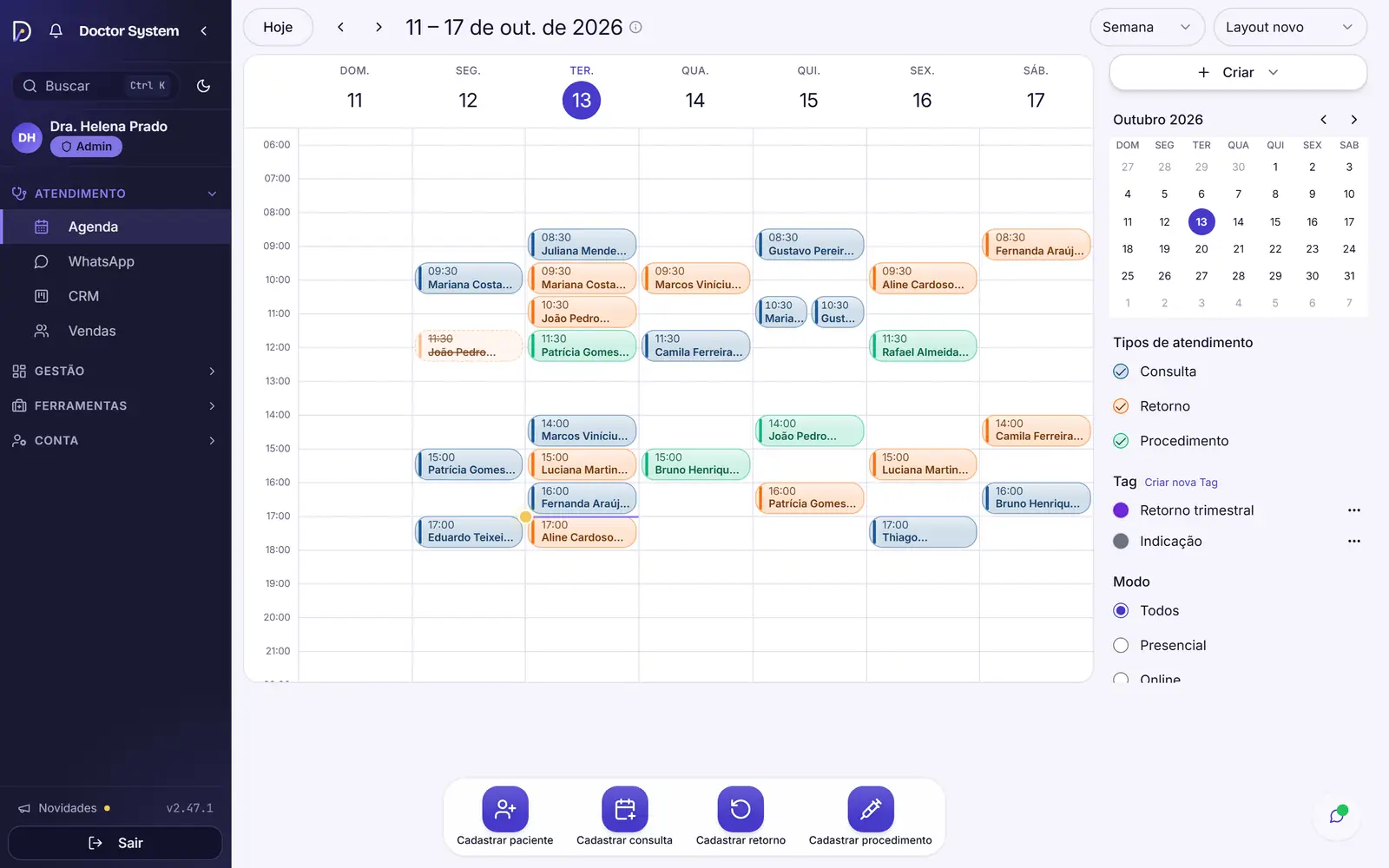 Agenda de uma semana no Doctor System, com as consultas, retornos e procedimentos em cores, o calendário do mês e os tipos de atendimento.