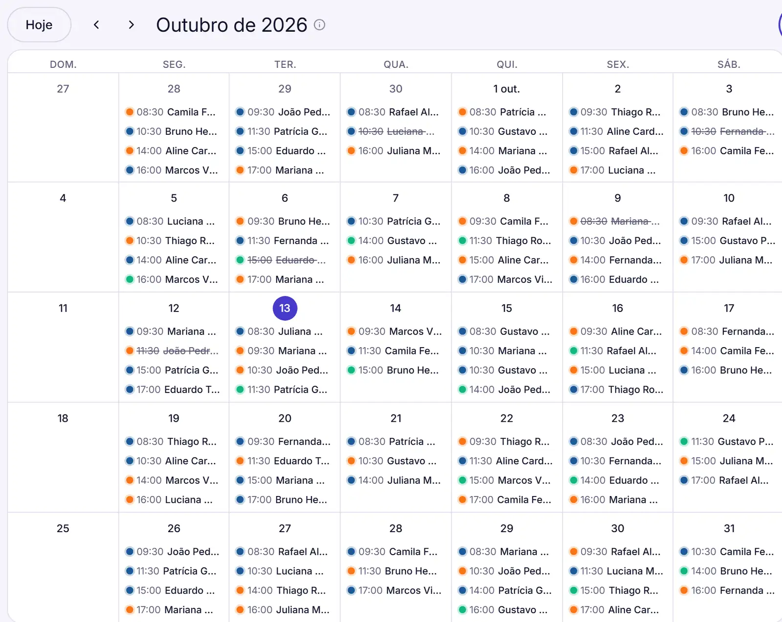 Visão Mês da agenda, com os horários e os nomes dos pacientes em cada dia de outubro e o dia de hoje destacado.