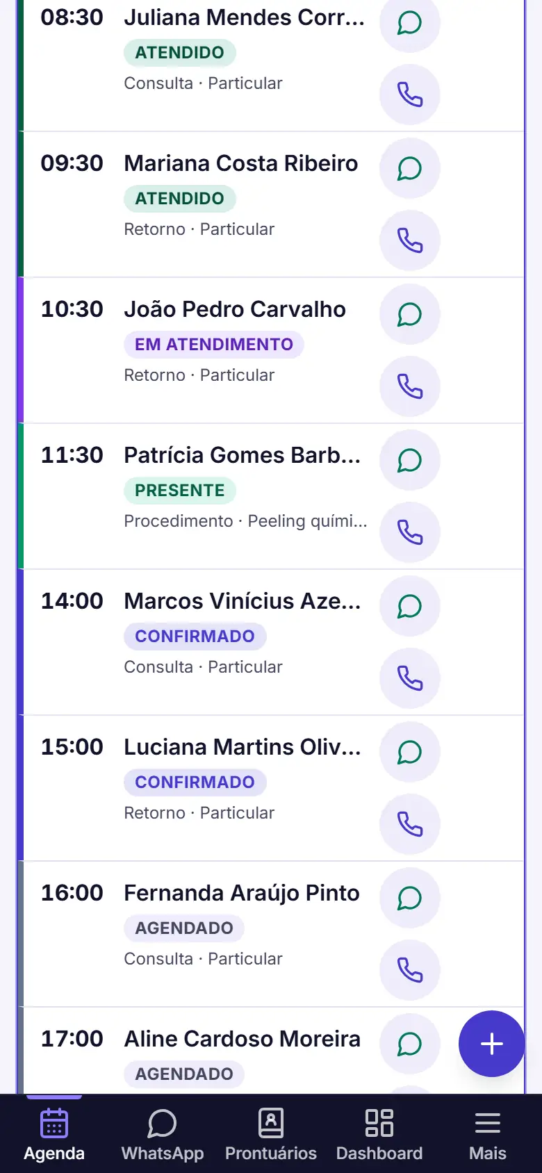 Agenda no celular, com as consultas de terça-feira em lista, a situação de cada uma e os botões de WhatsApp e telefone.