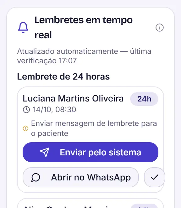 Painel de lembretes da agenda, com pacientes na janela de 24 horas e os botões Enviar pelo sistema e Abrir no WhatsApp.