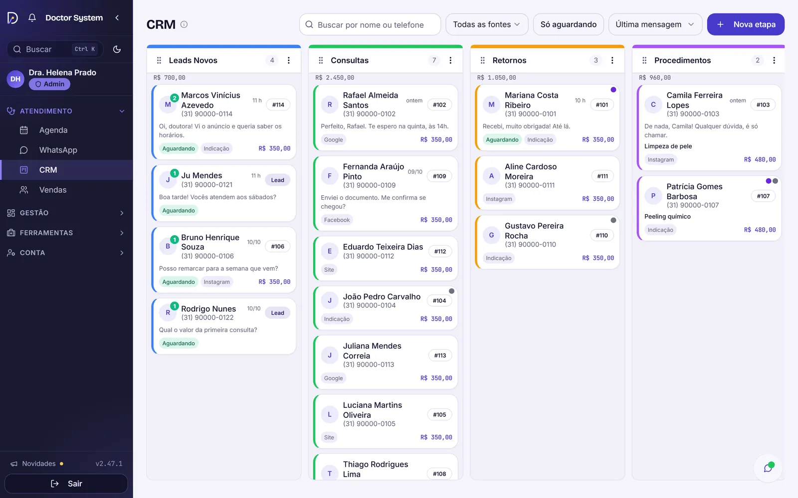 Tela de CRM do Doctor System, com as quatro colunas Leads Novos, Consultas, Retornos e Procedimentos e os cartões dos pacientes em cada etapa.