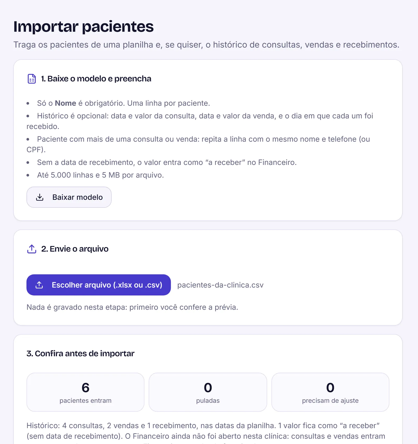 Tela Importar pacientes, com o modelo para baixar, o arquivo escolhido e a prévia: 6 pacientes entram, nenhuma linha pulada e nenhuma com erro.