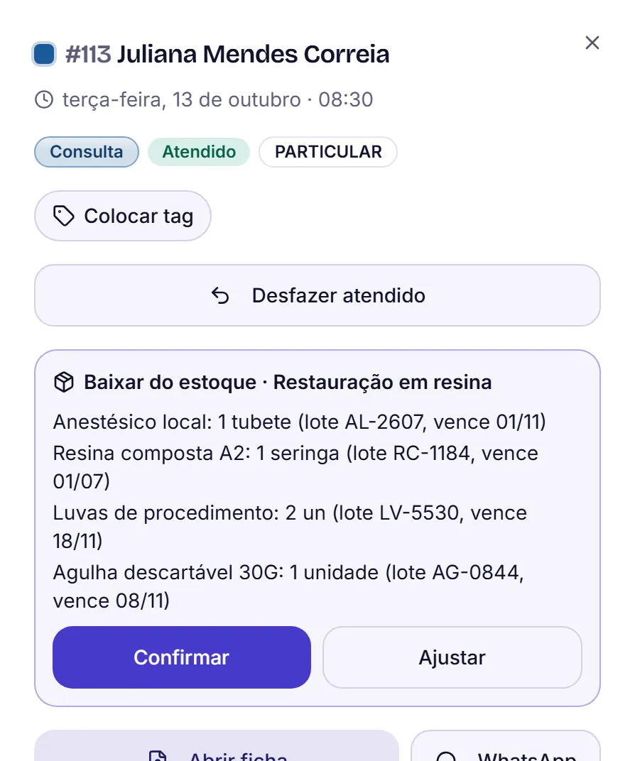 Painel de uma consulta atendida com o cartão Baixar do estoque da restauração em resina, listando anestésico, resina, luvas e agulha com o lote de cada um e os botões Confirmar e Ajustar.