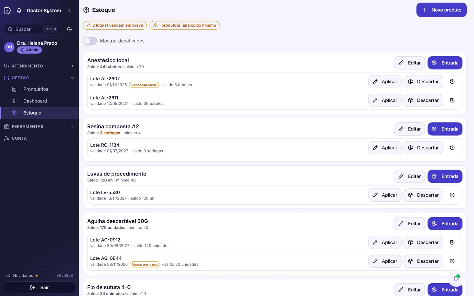 Tela Estoque com os avisos de lotes que vencem em breve e de produto abaixo do mínimo, e os produtos com saldo, mínimo e lotes com validade.