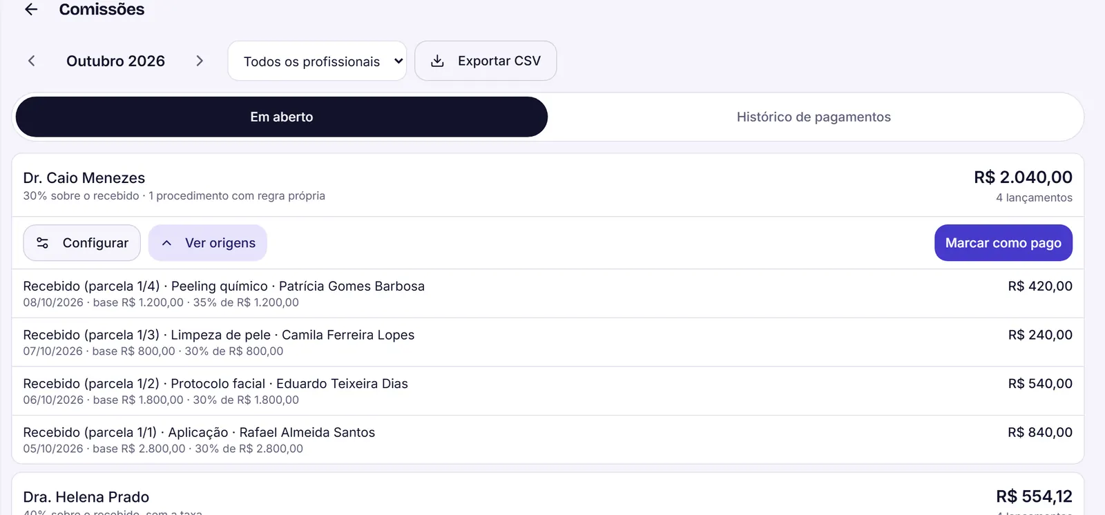 Tela Comissões, com o total em aberto de cada profissional, a regra de cada um e a lista de origens de um deles, com paciente, parcela, base e percentual.