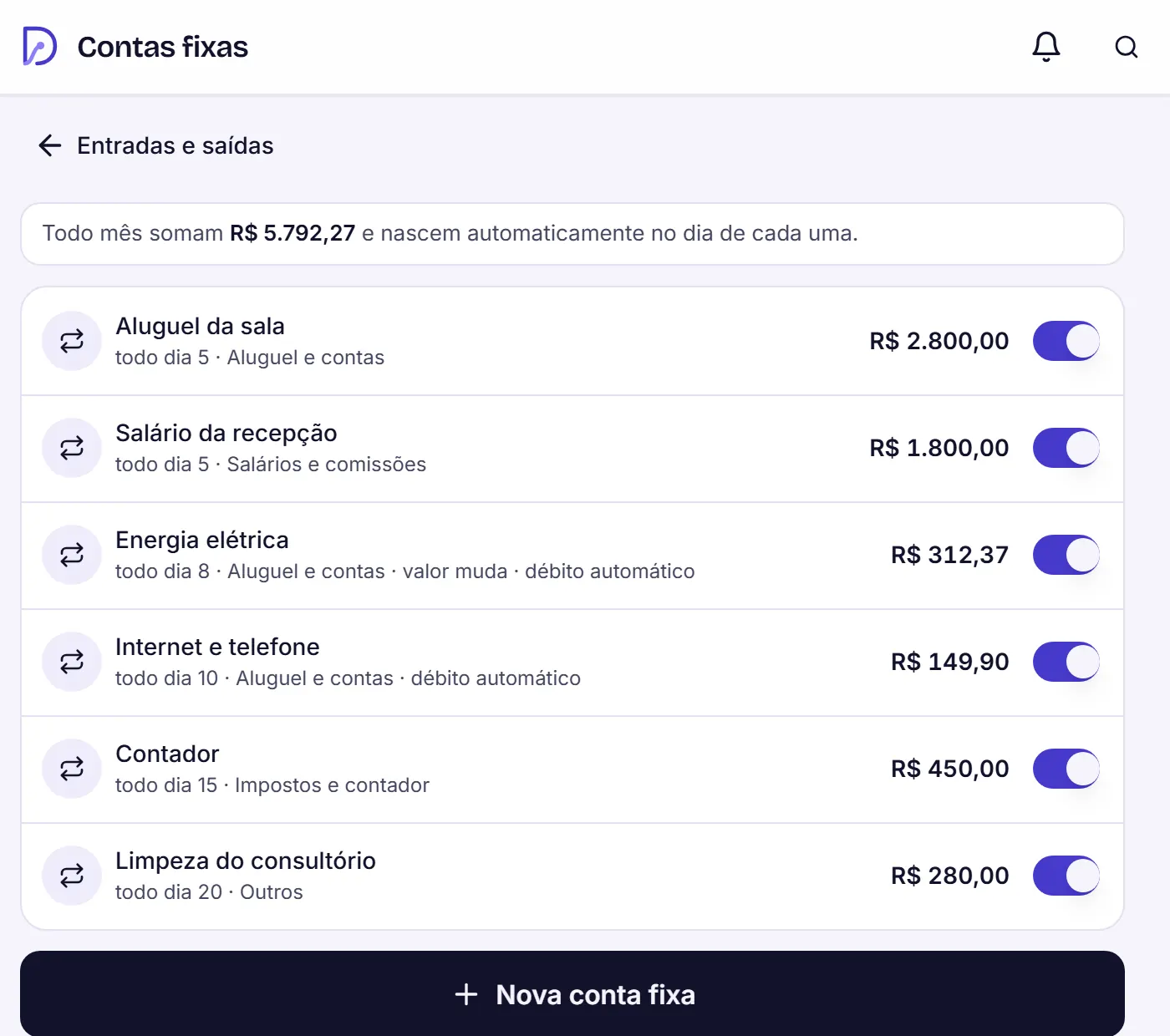 Tela Contas fixas, com o total mensal de R$ 5.792,27 e a lista de aluguel, salário, energia, internet, contador e limpeza, cada uma com o dia, o valor e um interruptor.