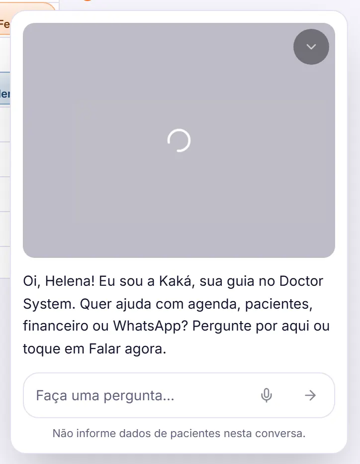 Cartão da Kaká no momento da conexão, com o indicador de carregamento no lugar do vídeo, a saudação e o campo de pergunta.