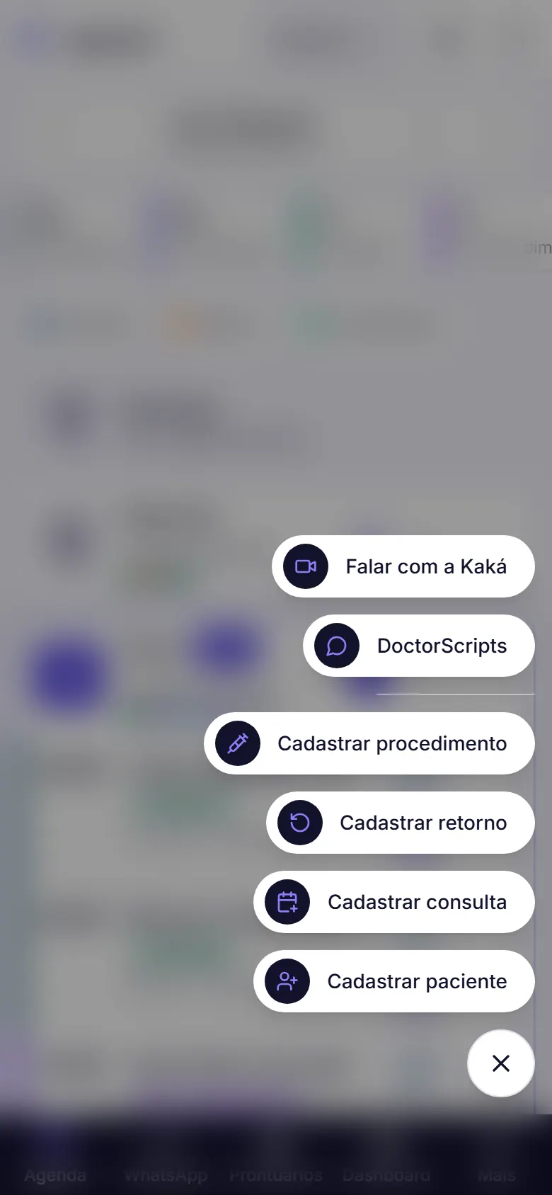 Botão de ações aberto no celular, com a opção Falar com a Kaká no alto, seguida de DoctorScripts e das opções de cadastro.