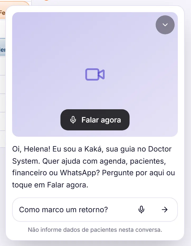 Cartão da Kaká com a pergunta Como marco um retorno? digitada no campo, o botão Falar agora, o microfone e o botão de enviar.