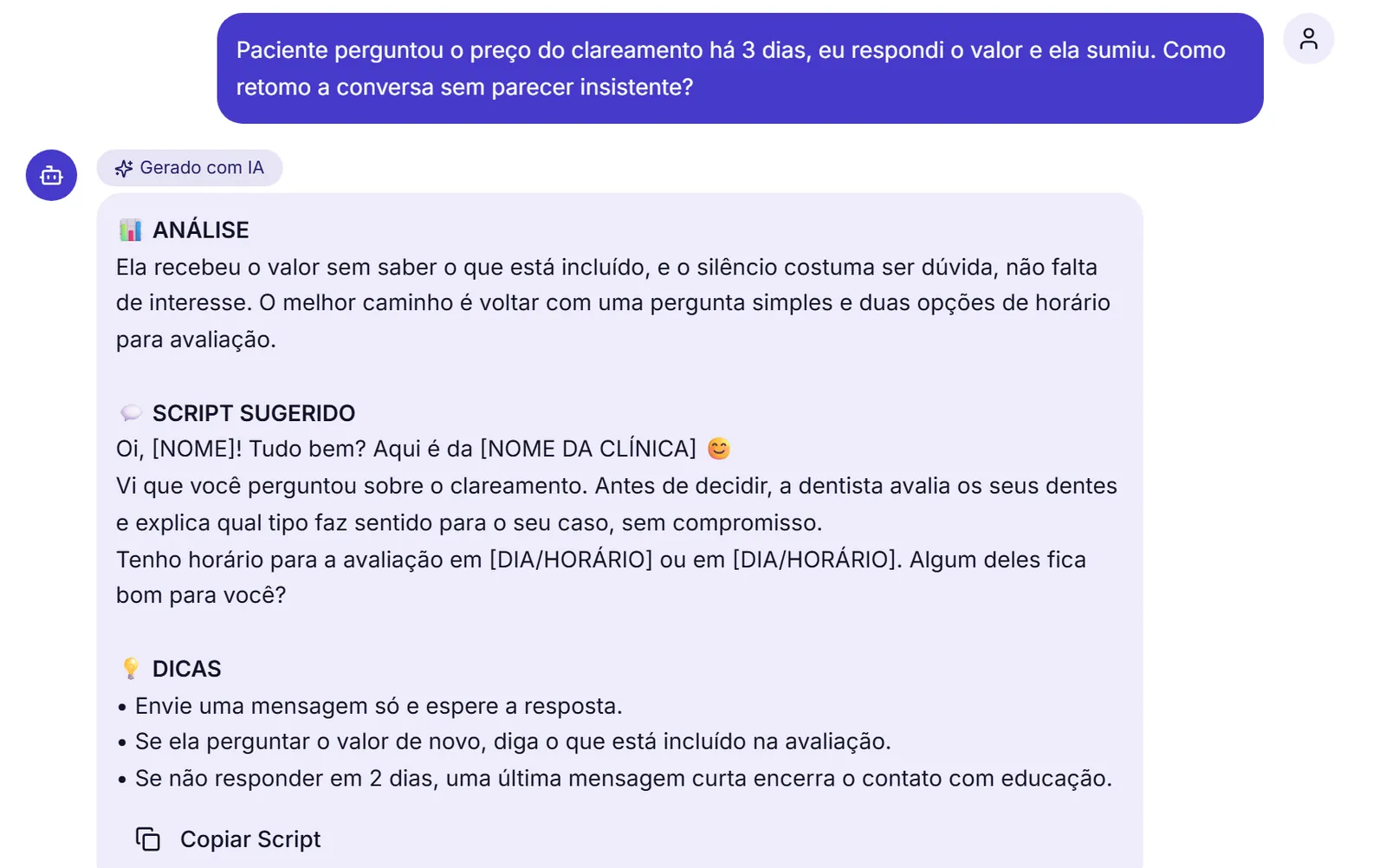 Resposta do DoctorScripts com a marca Gerado com IA e as partes Análise, Script sugerido, com a mensagem para a paciente, e Dicas.