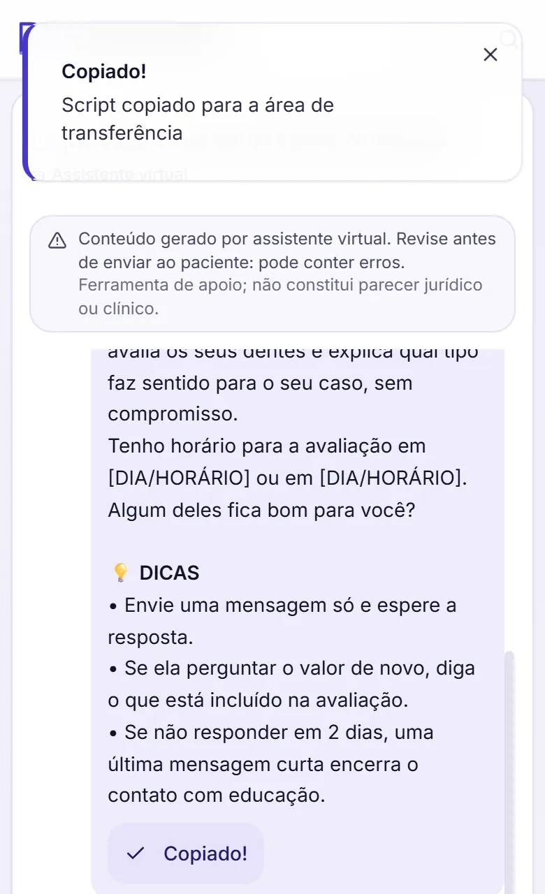 Resposta do DoctorScripts no celular, com as dicas, o botão marcado Copiado! e o aviso Script copiado para a área de transferência.