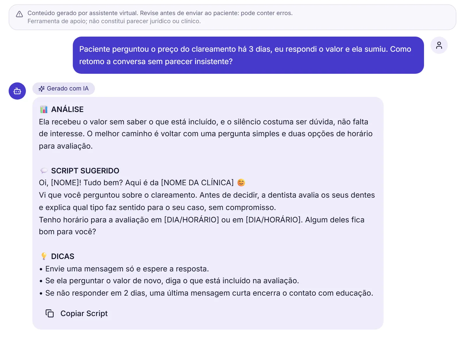 Tela do DoctorScripts com a situação descrita pela clínica e a resposta com as partes Análise, Script sugerido e Dicas e o botão Copiar Script.