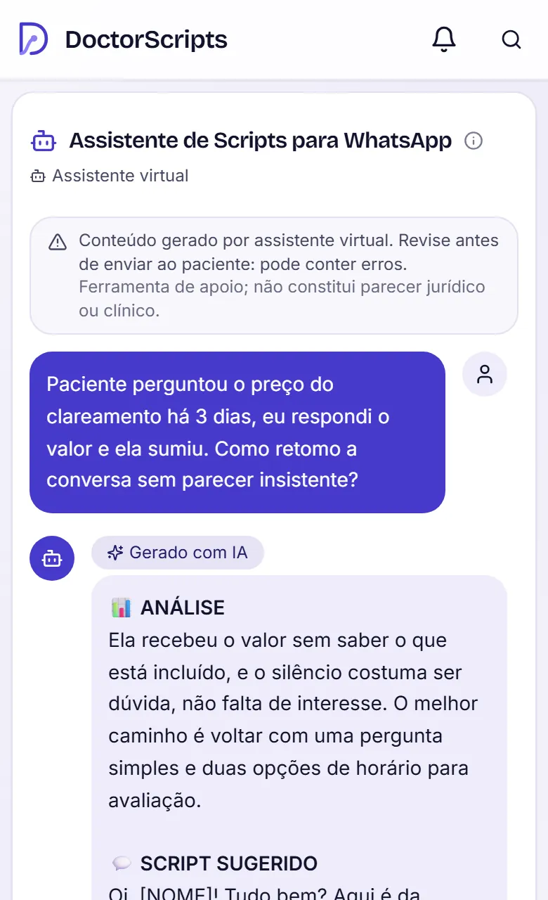 DoctorScripts no celular, com o aviso para revisar antes de enviar, a situação descrita e o começo da resposta com a análise.