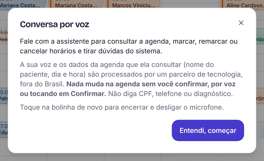 Janela Conversa por voz com o aviso de privacidade, a orientação de não dizer CPF, telefone ou diagnóstico e o botão Entendi, começar.