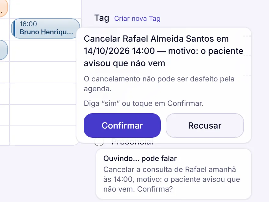 Cartão de confirmação sobre a agenda: Cancelar Rafael Almeida Santos em 14/10/2026 14:00, motivo: o paciente avisou que não vem, com o aviso de que o cancelamento não pode ser desfeito pela agenda.