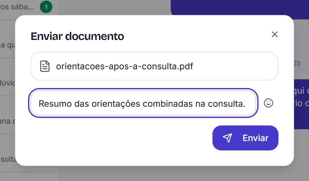 Janela Enviar documento com o arquivo escolhido, o campo de legenda preenchido e o botão Enviar.