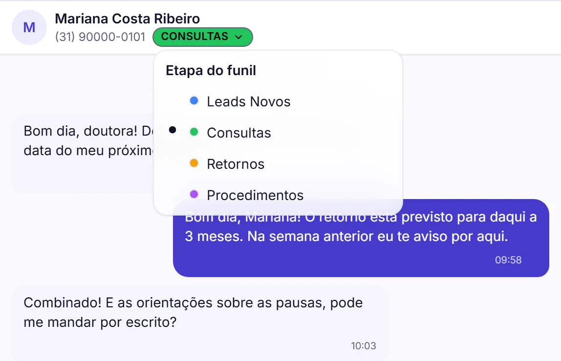 Cabeçalho da conversa com o menu Etapa do funil aberto, listando as quatro etapas: Leads Novos, Consultas, Retornos e Procedimentos.